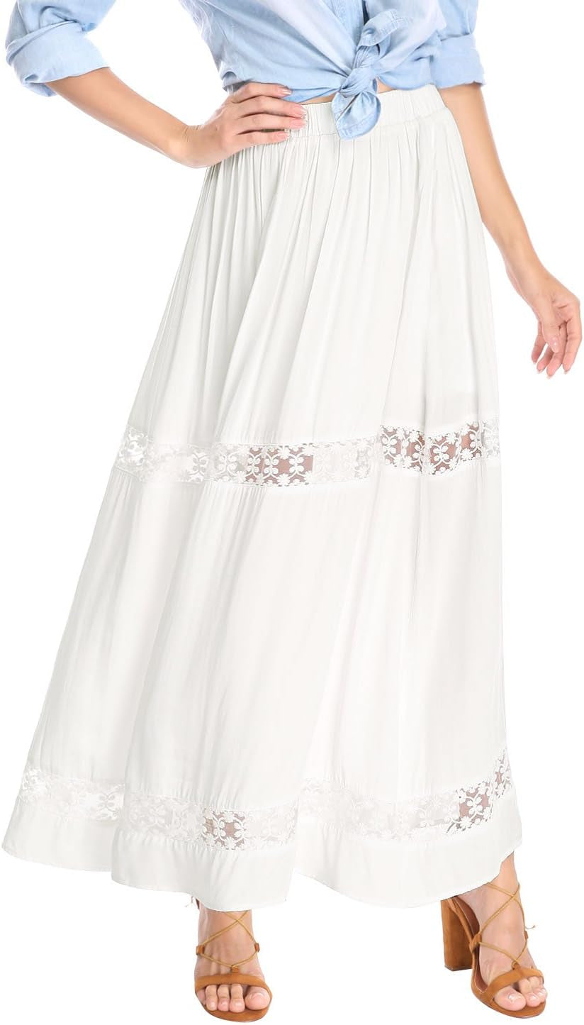 Women'S Saint Patrick'S Day Long Skirts Elastic Waist Swing A-Line Lace Insert Maxi Skirt