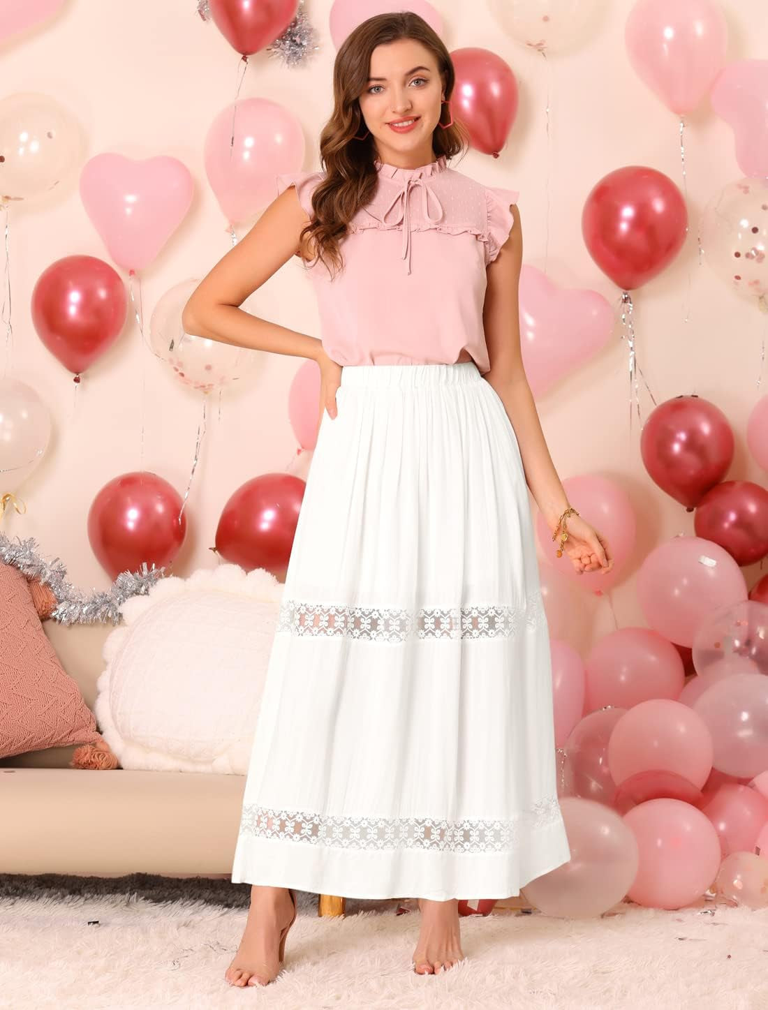 Women'S Saint Patrick'S Day Long Skirts Elastic Waist Swing A-Line Lace Insert Maxi Skirt